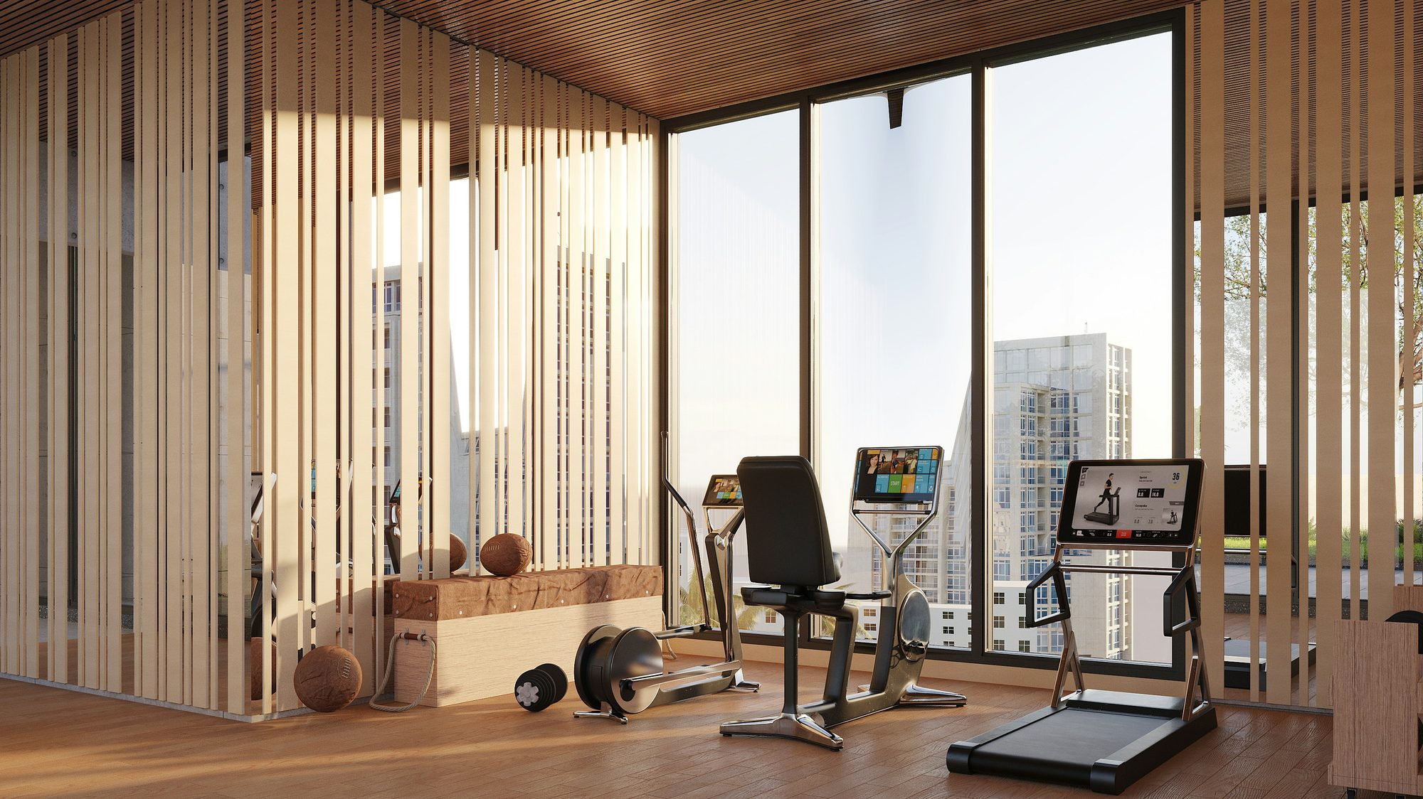 A slatted wood home gym with a city view
